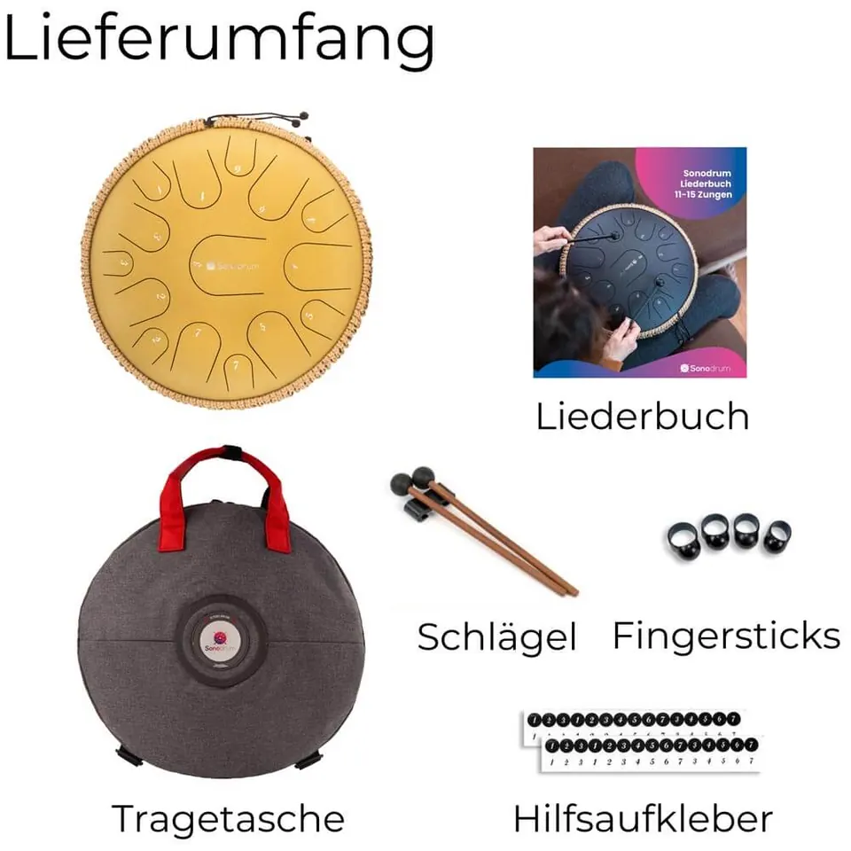 Lieferumfang der sonodrum Premium: Trommel, Schlägel, Tasche, Liederheft, Aufkleber